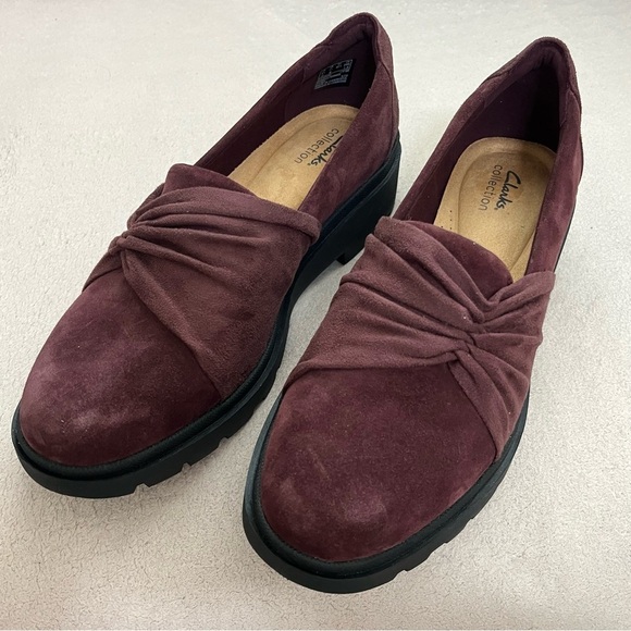 Clarks Suede Calla Flats Loafers-Maroon/Burgundy-Women’s 11-Comfort-Nurse-Office - Picture 2 of 10